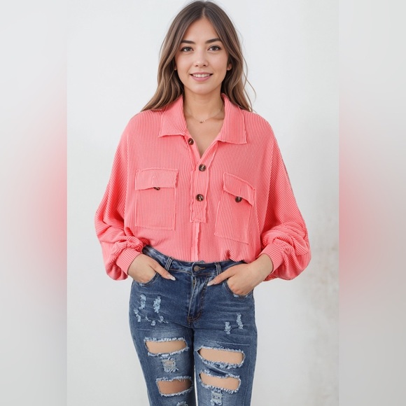 Buttoned Collared Neck Long Sleeve Top - Picture 1 of 3